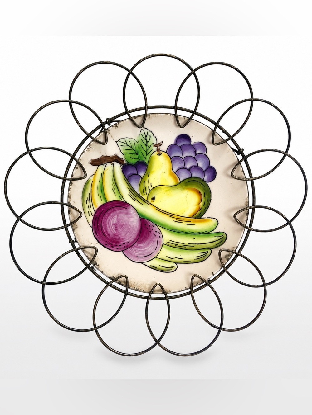 Vintage Made in Japan Hand Painted Fruit Plate Metal Wire Wall Hanging